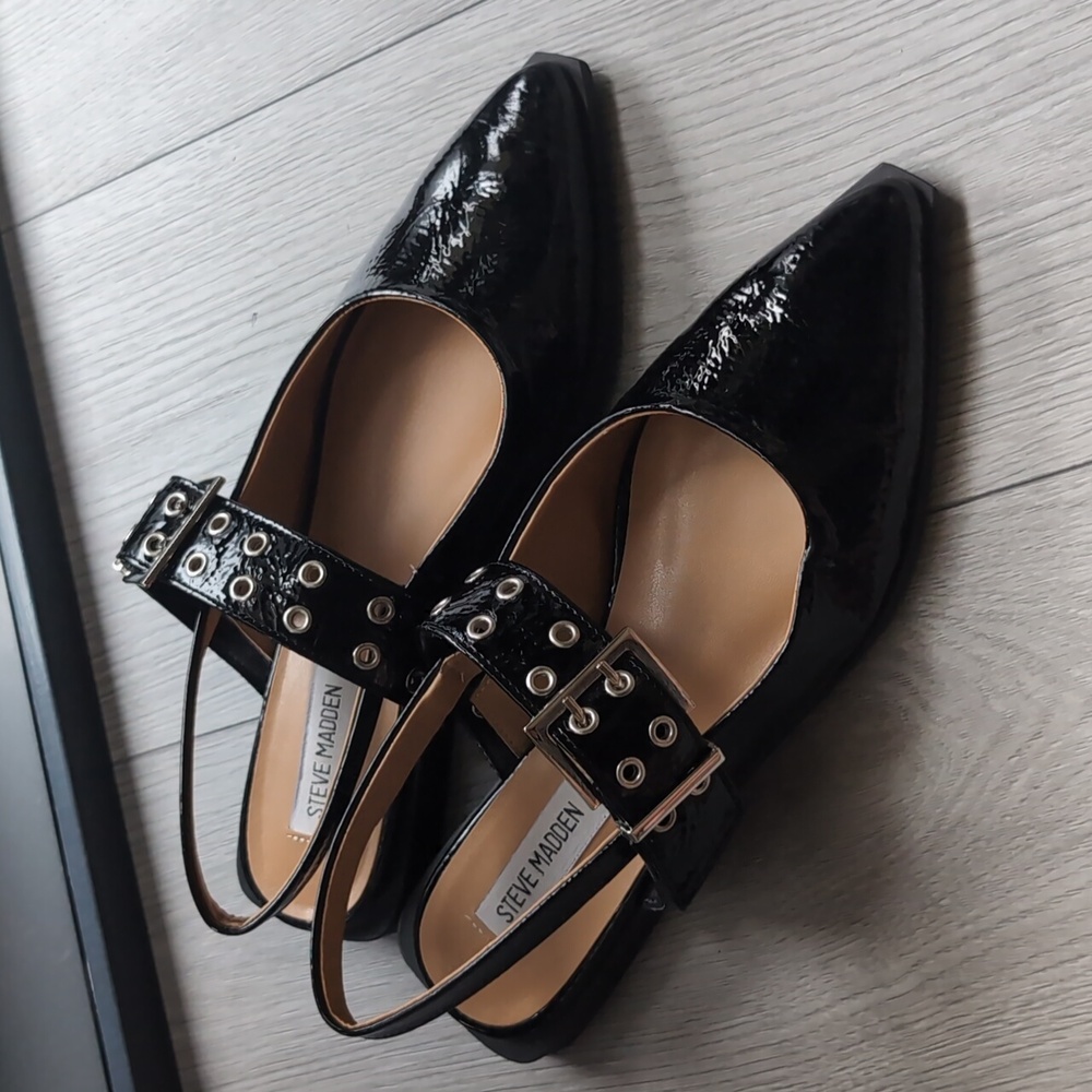 Steve Madden Black Patent Flats with Studded Strap